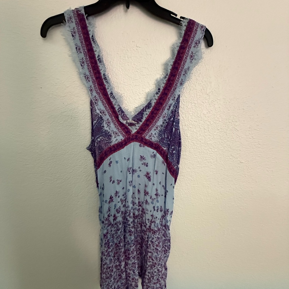 Free People Lace Trim V-Neck Top in Purple and Blue